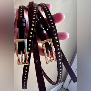 NWOT Leather Thin Double Wrap Belt Brass w Buckles